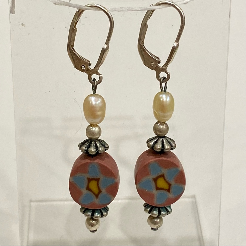 Vintage 90’s Handcrafted Lever-back drop dangle Earrings clay beads Pierced Ear